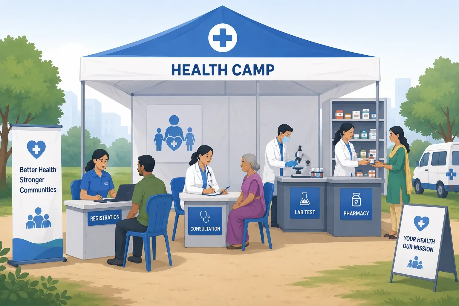 Health Camp Management System with digital patient registration, doctor consultation, laboratory, pharmacy, and healthcare analytics dashboard.